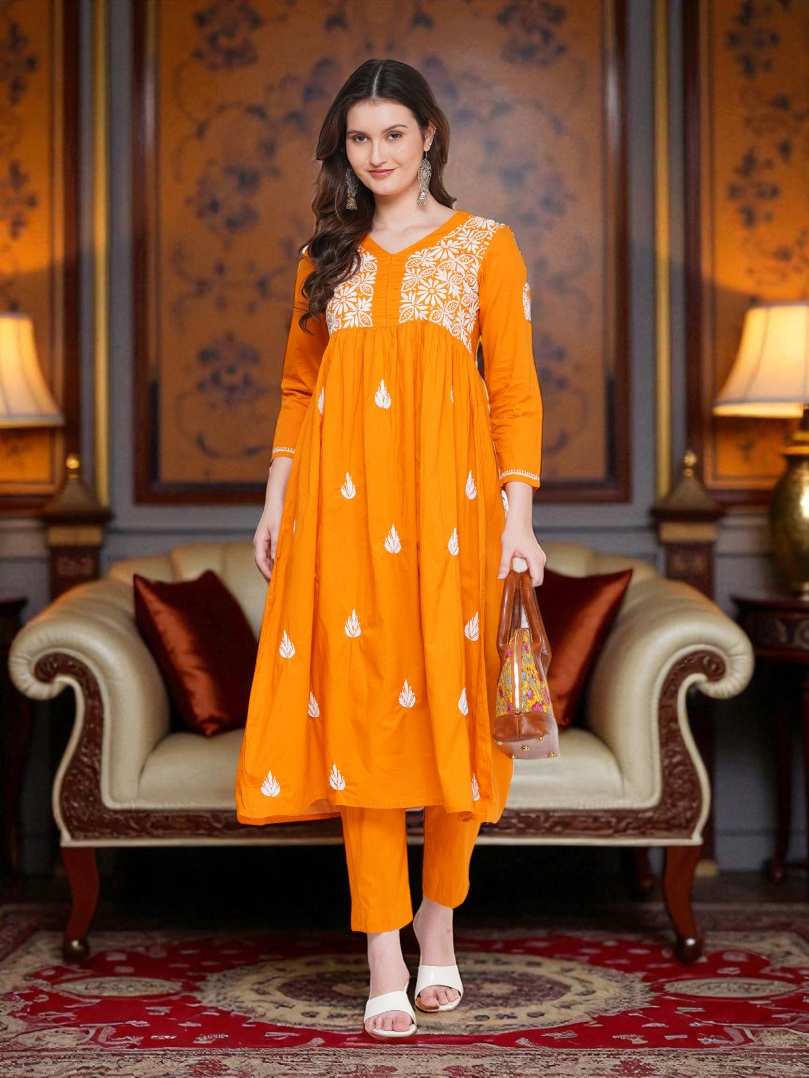 Pure Cotton Chikankari Mustard Yellow V-Neck Kurta for Women | 3/4 Sleeves | 46 Inch Length