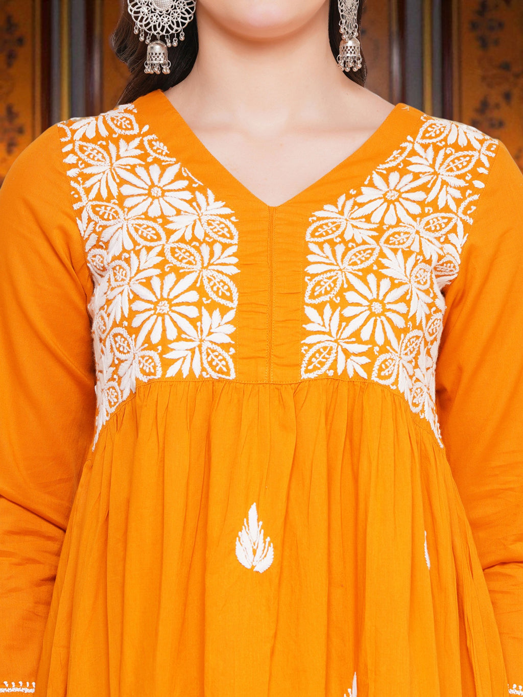 Pure Cotton Chikankari Mustard Yellow V-Neck Kurta for Women | 3/4 Sleeves | 46 Inch Length