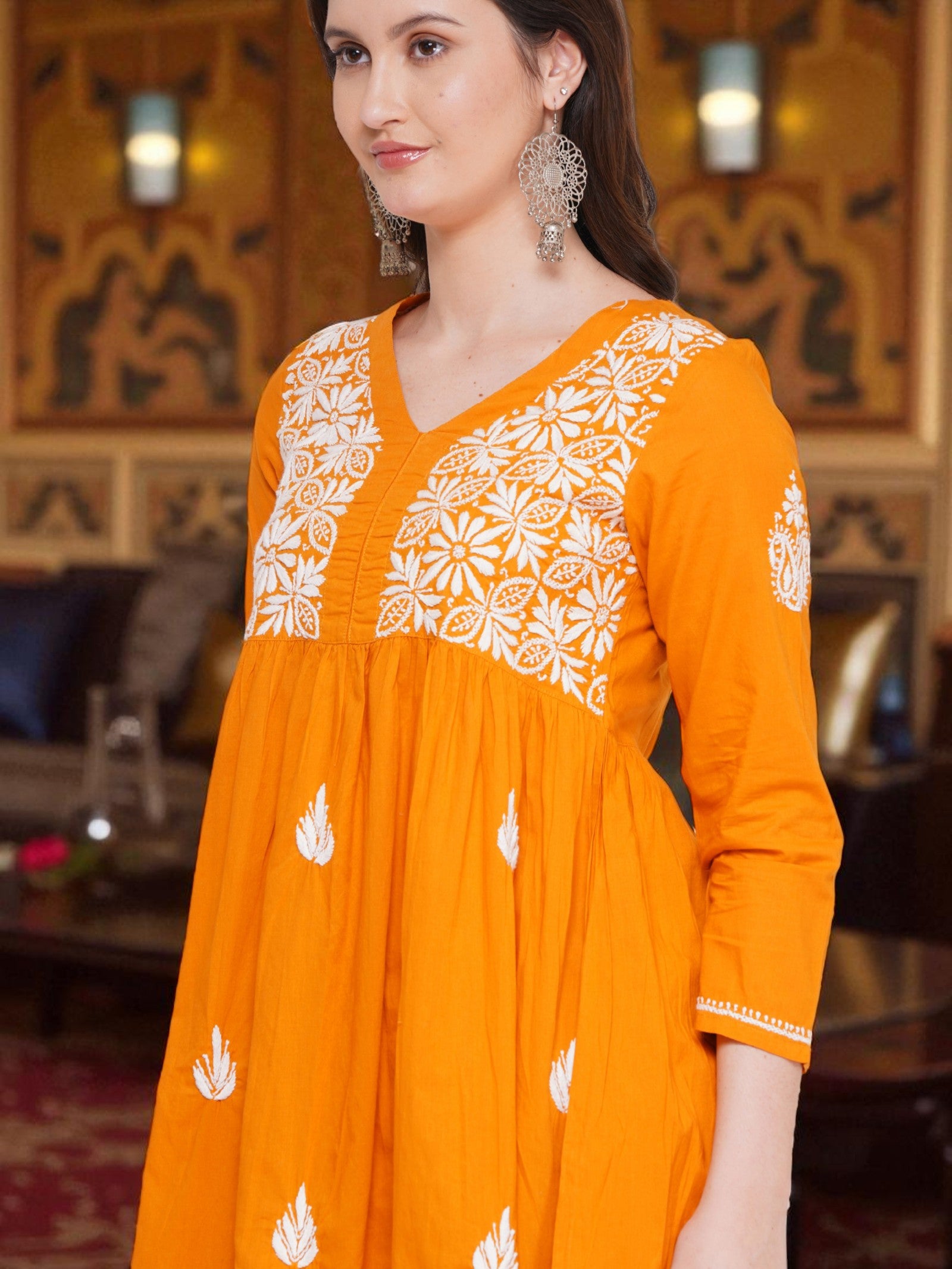 Pure Cotton Chikankari Mustard Yellow V-Neck Kurta for Women | 3/4 Sleeves | 46 Inch Length