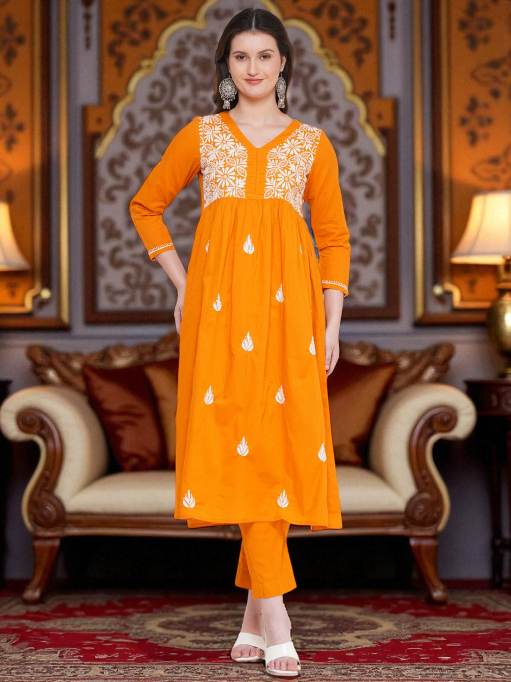 Pure Cotton Chikankari Mustard Yellow V-Neck Kurta for Women | 3/4 Sleeves | 46 Inch Length