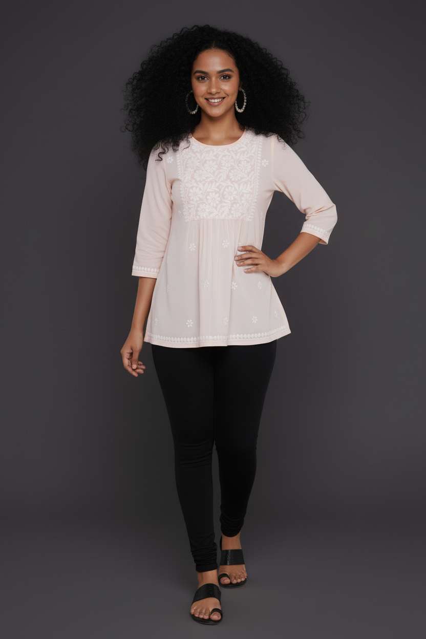Chikankari Top for Women | Pure Cotton 27 Inch Kurti | Hand Embroidered Lucknowi Kurta