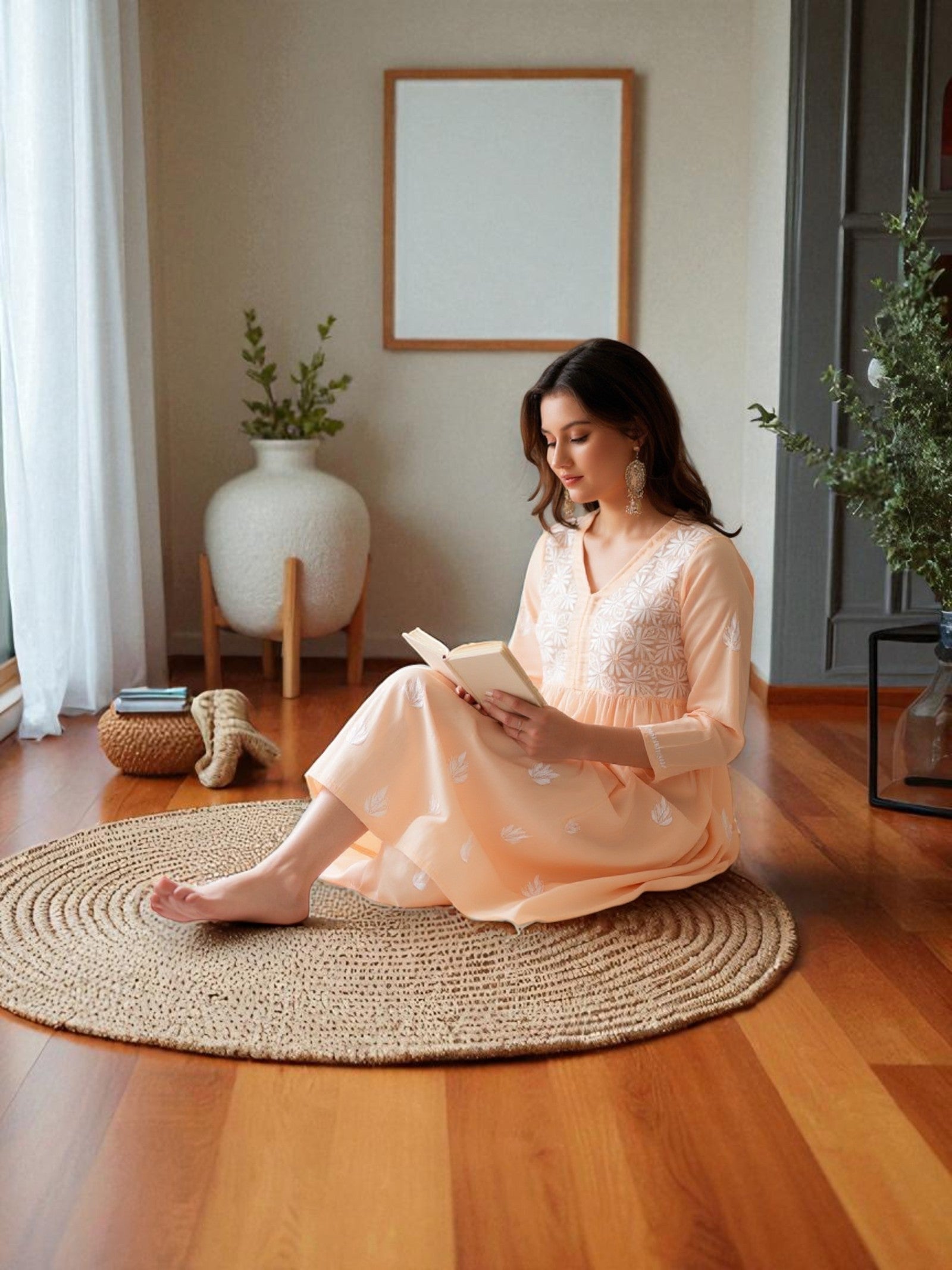 Peach Cotton Chikankari V-Neck Kurta for Women | 3/4 Sleeves | 46 Inch Length