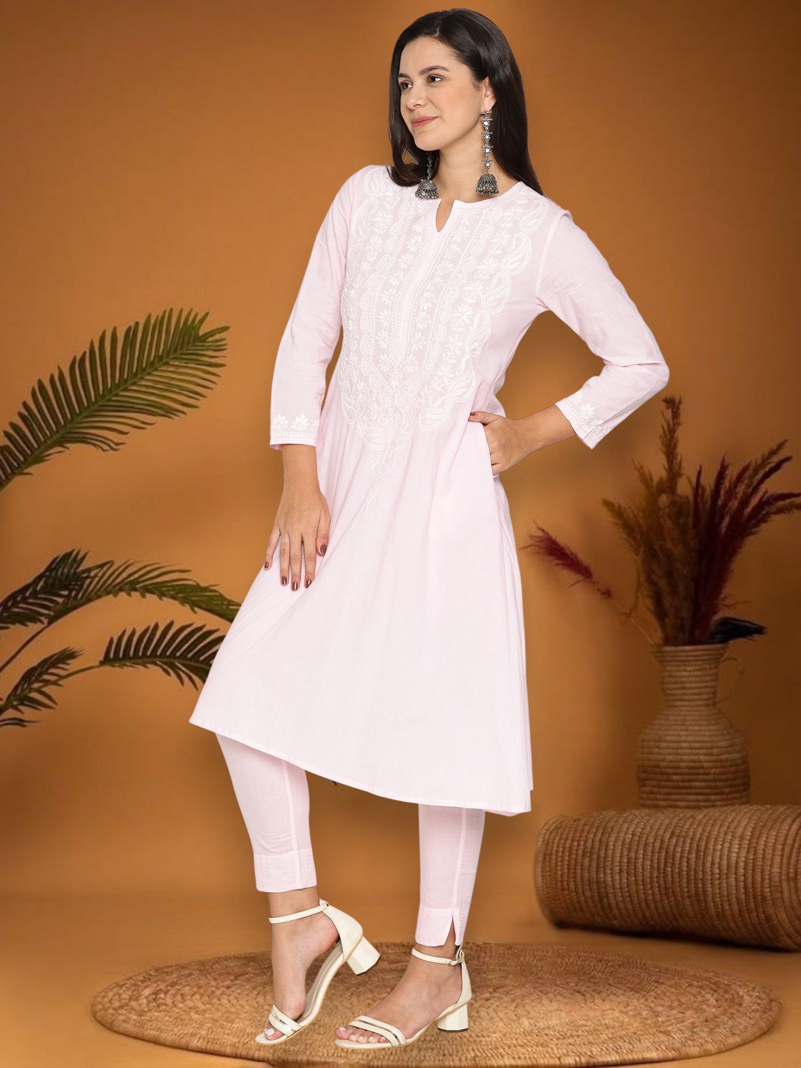 Pink Women’s Cotton Chikankari Hand Embroidered A-Line Kurta | Round Neck, 3/4 Sleeves, 46 Inch Long Ethnic Wear