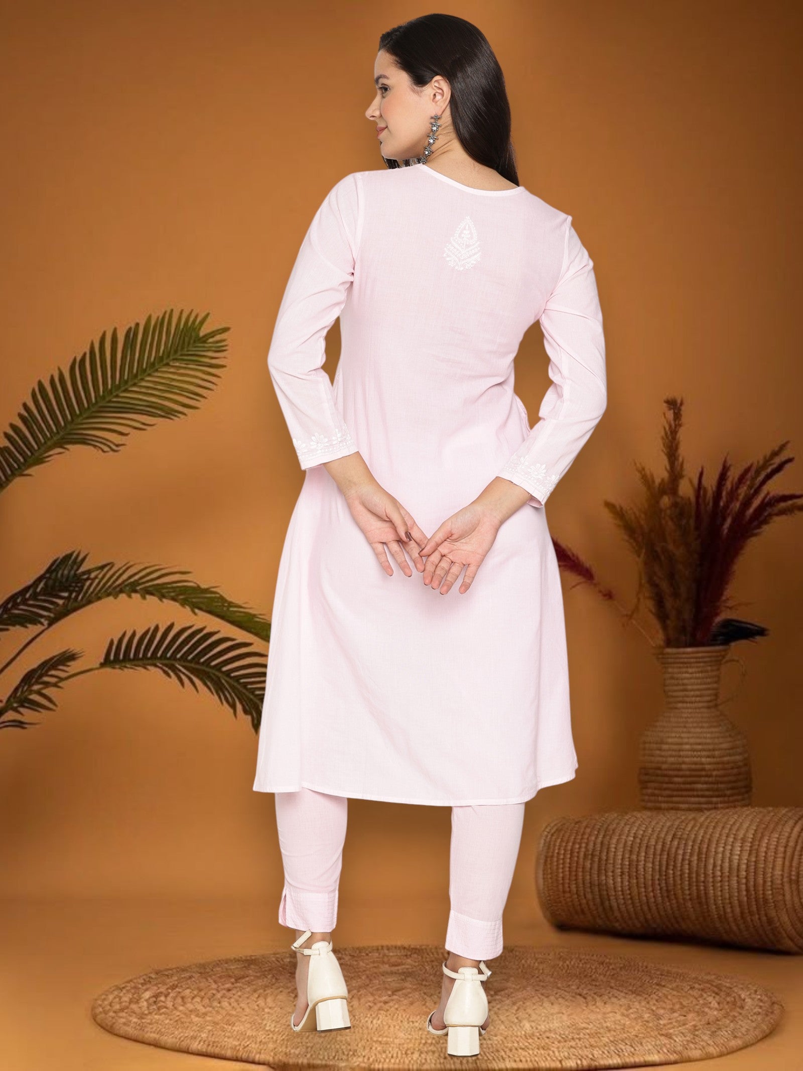 Pink Women’s Cotton Chikankari Hand Embroidered A-Line Kurta | Round Neck, 3/4 Sleeves, 46 Inch Long Ethnic Wear