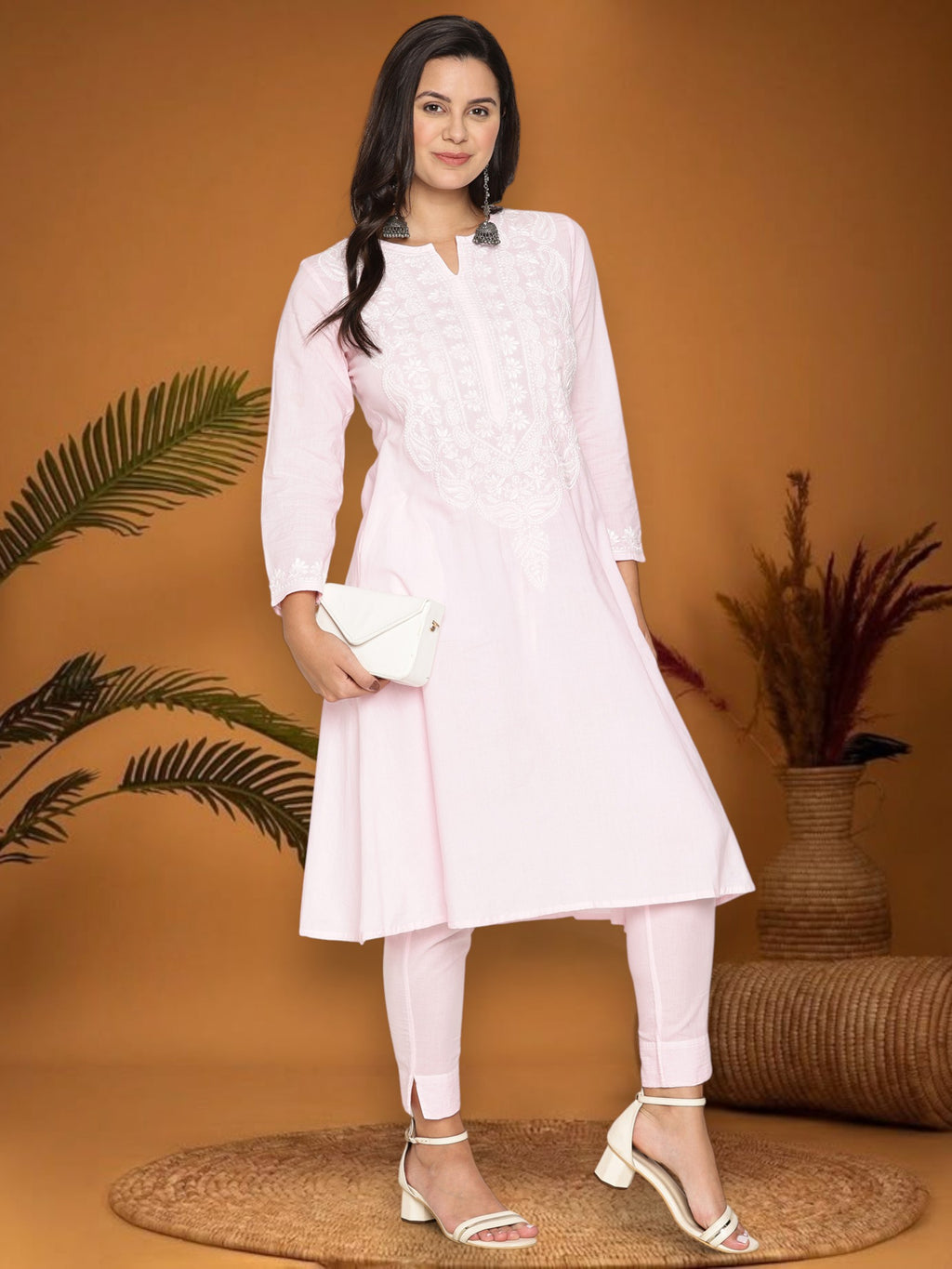 Pink Women’s Cotton Chikankari Hand Embroidered A-Line Kurta | Round Neck, 3/4 Sleeves, 46 Inch Long Ethnic Wear