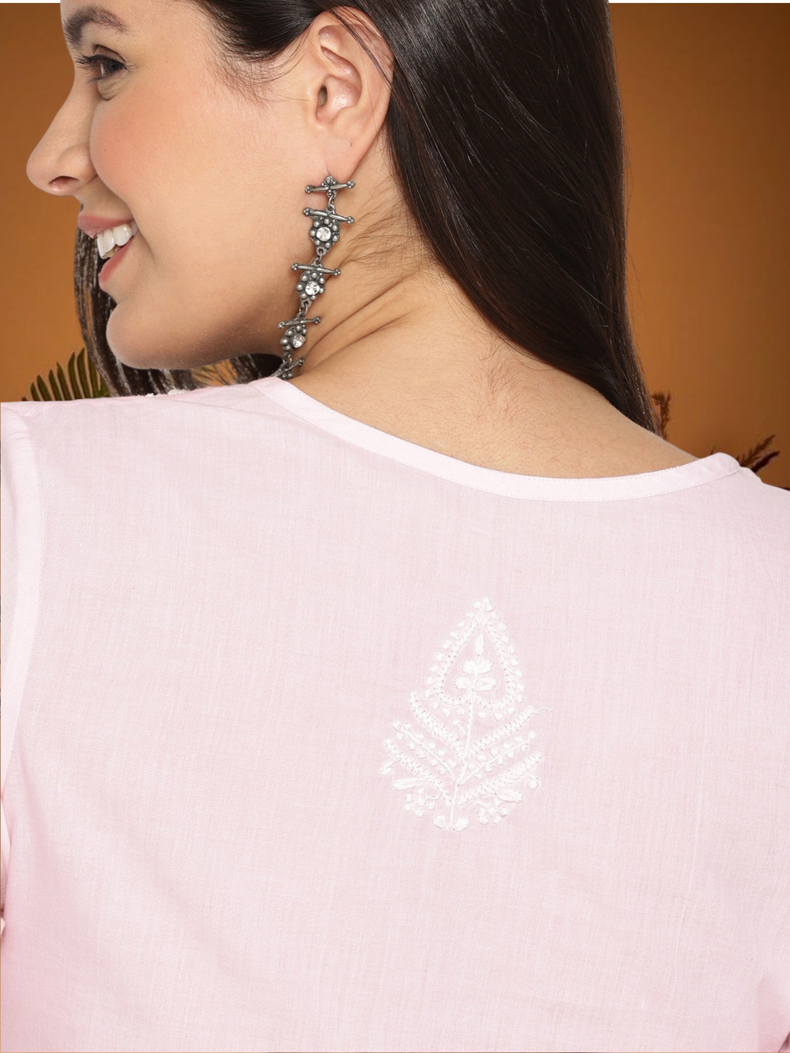 Pink Women’s Cotton Chikankari Hand Embroidered A-Line Kurta | Round Neck, 3/4 Sleeves, 46 Inch Long Ethnic Wear