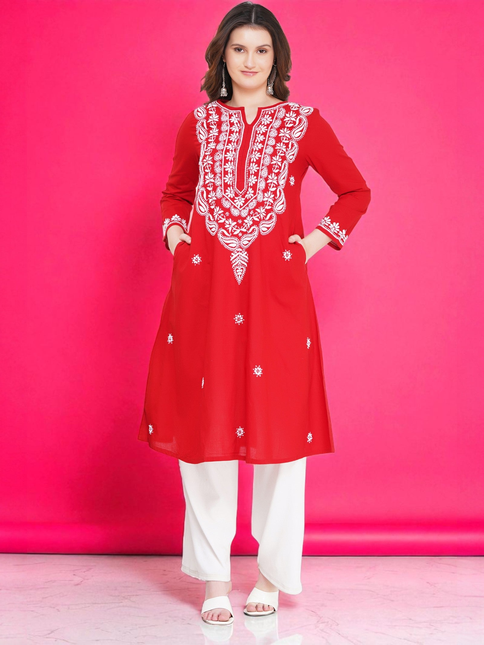 Red Women’s Cotton Chikankari Hand Embroidered A-Line Kurta | Round Neck, 3/4 Sleeves, 46 Inch Long Ethnic Wear
