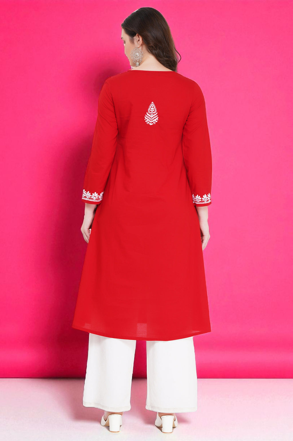 Red Women’s Cotton Chikankari Hand Embroidered A-Line Kurta | Round Neck, 3/4 Sleeves, 46 Inch Long Ethnic Wear