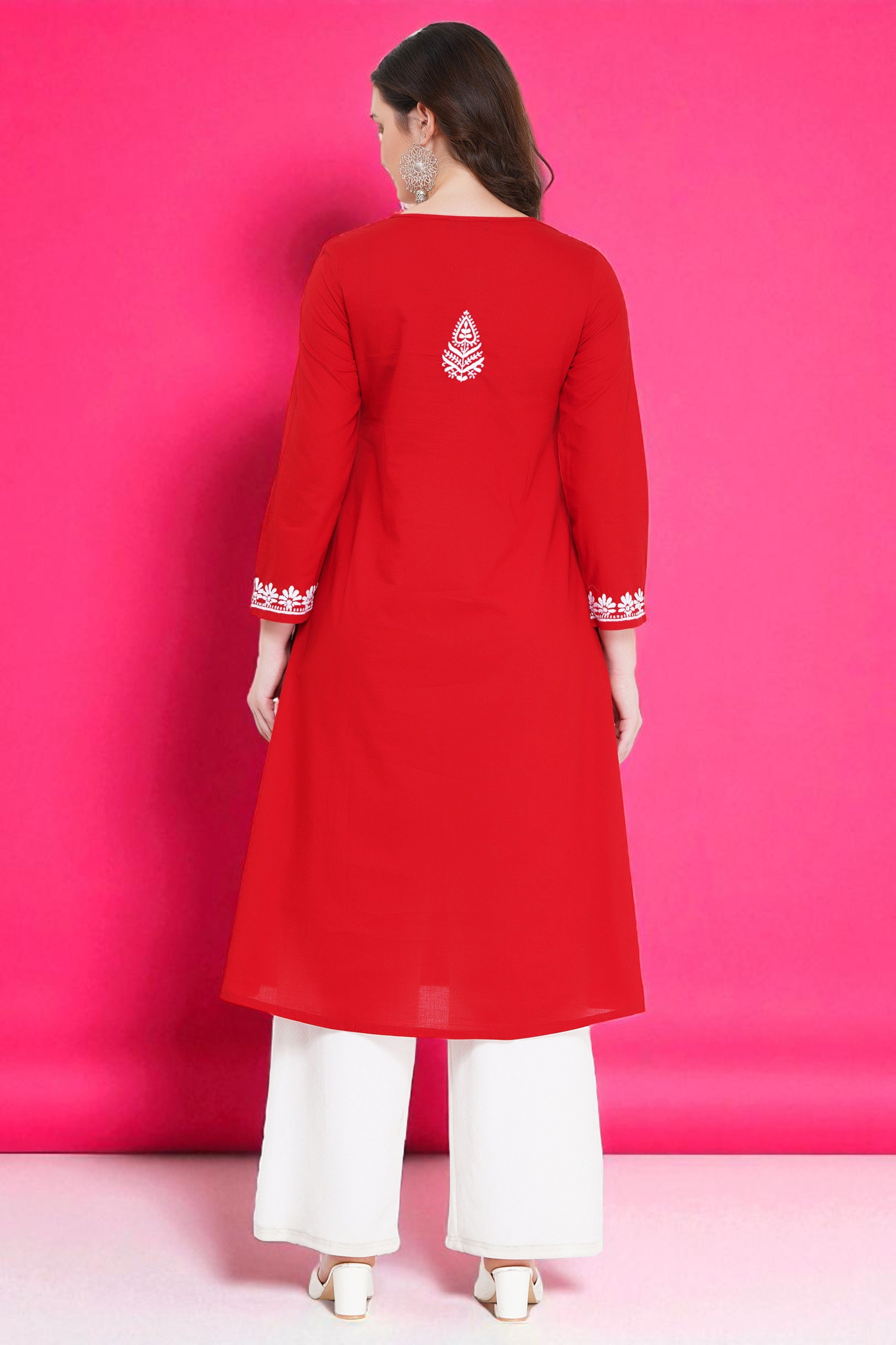 Red Women’s Cotton Chikankari Hand Embroidered A-Line Kurta | Round Neck, 3/4 Sleeves, 46 Inch Long Ethnic Wear
