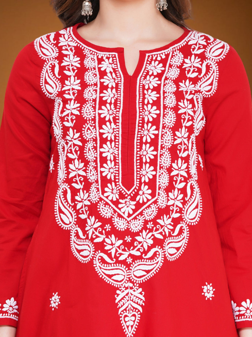 Red Women’s Cotton Chikankari Hand Embroidered A-Line Kurta | Round Neck, 3/4 Sleeves, 46 Inch Long Ethnic Wear