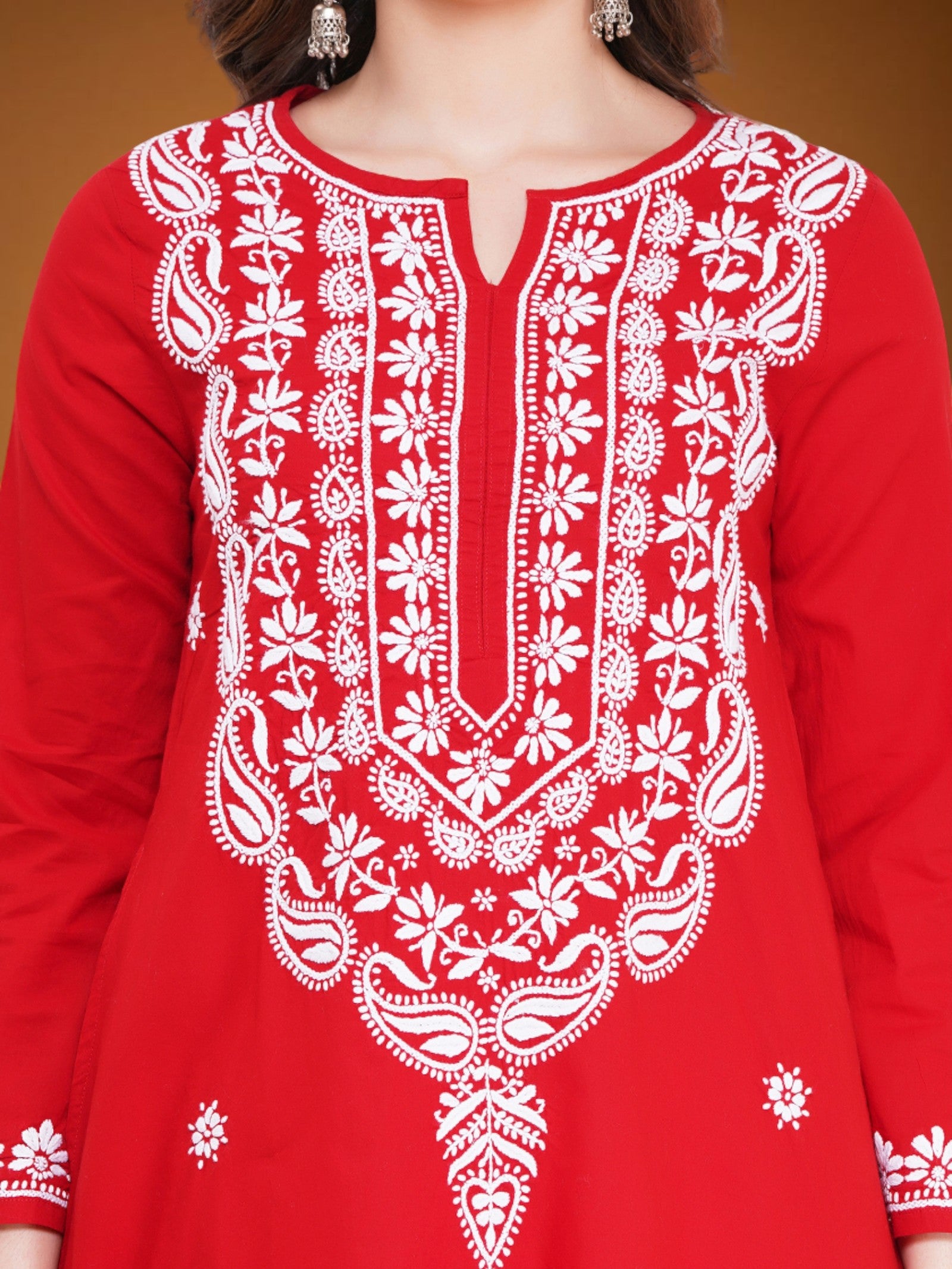 Red Women’s Cotton Chikankari Hand Embroidered A-Line Kurta | Round Neck, 3/4 Sleeves, 46 Inch Long Ethnic Wear