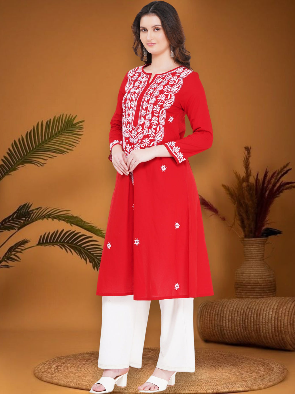 Red Women’s Cotton Chikankari Hand Embroidered A-Line Kurta | Round Neck, 3/4 Sleeves, 46 Inch Long Ethnic Wear