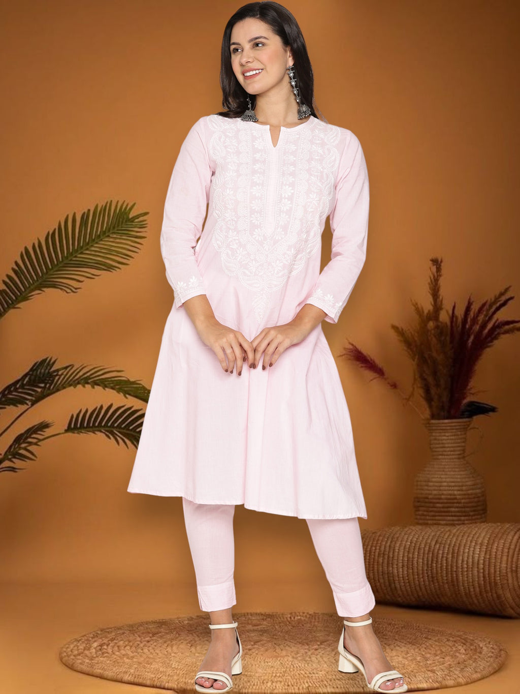 Pink Women’s Cotton Chikankari Hand Embroidered A-Line Kurta | Round Neck, 3/4 Sleeves, 46 Inch Long Ethnic Wear