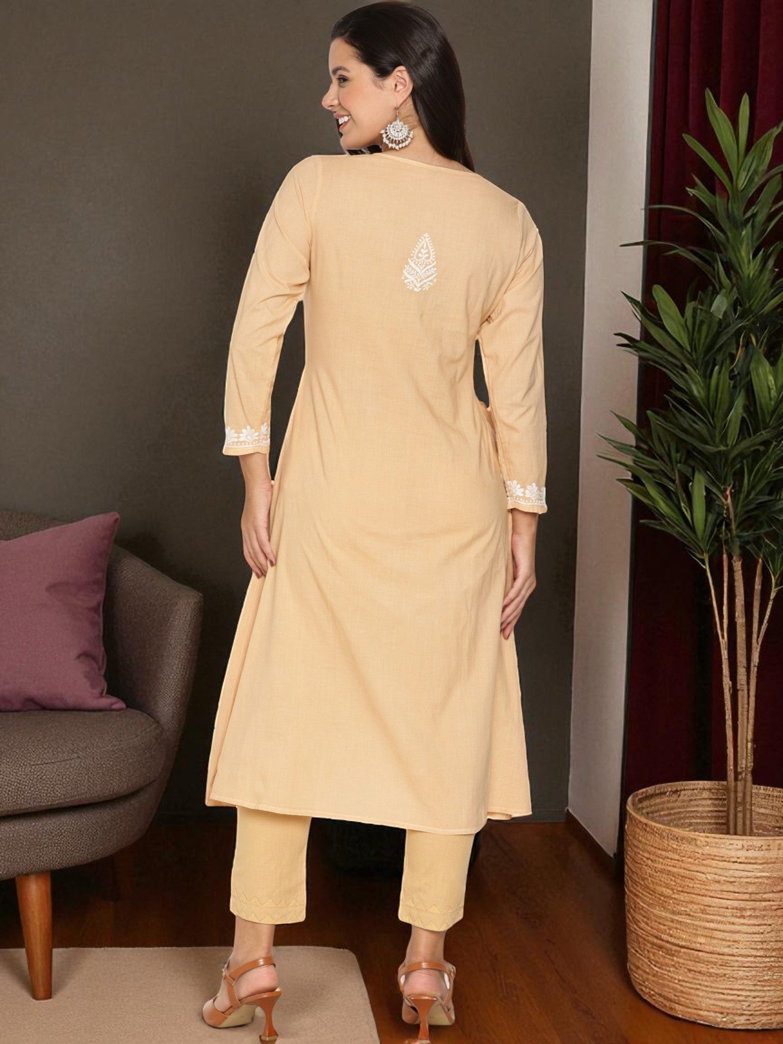 Beige Cotton Chikankari  Kurta