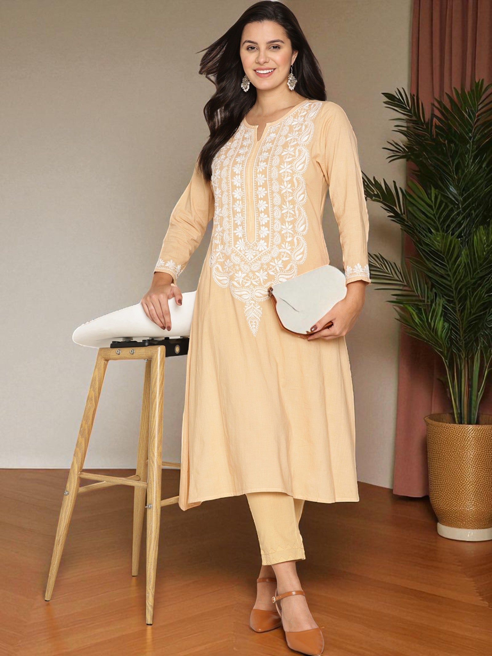 Beige Cotton Chikankari  Kurta
