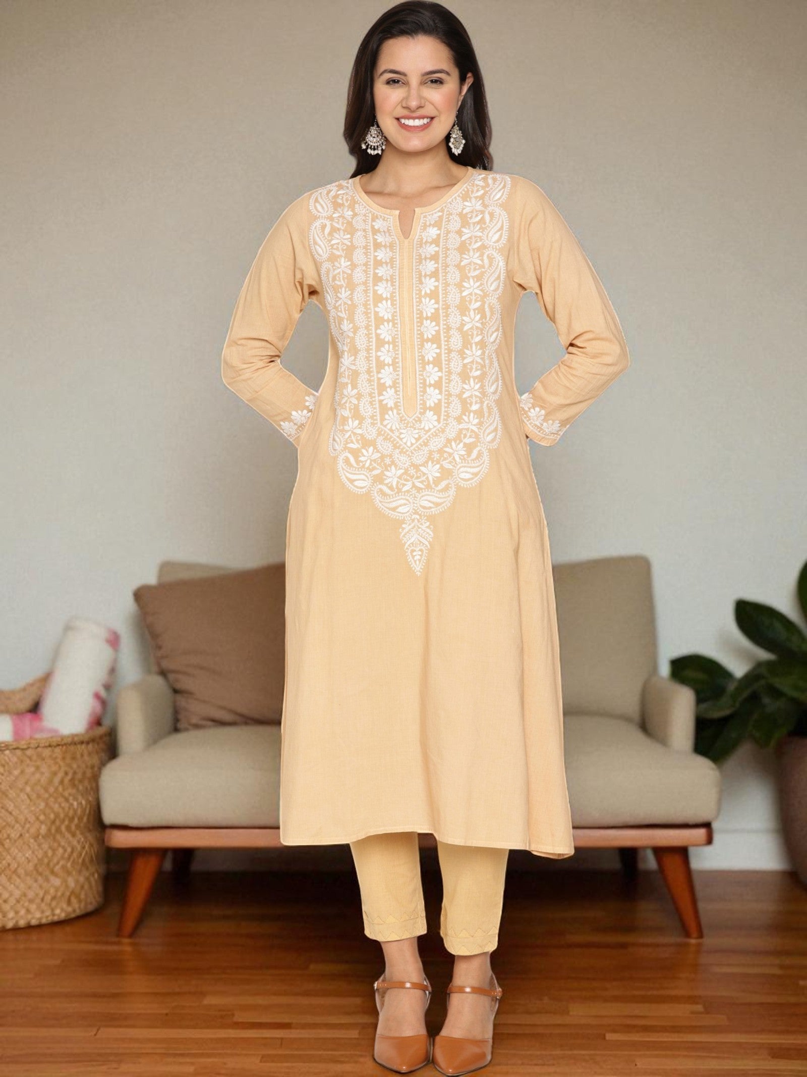 Beige Cotton Chikankari  Kurta