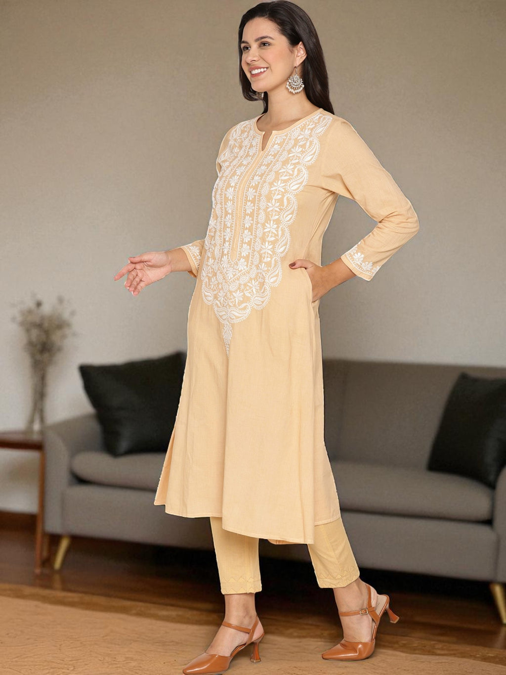 Beige Cotton Chikankari  Kurta