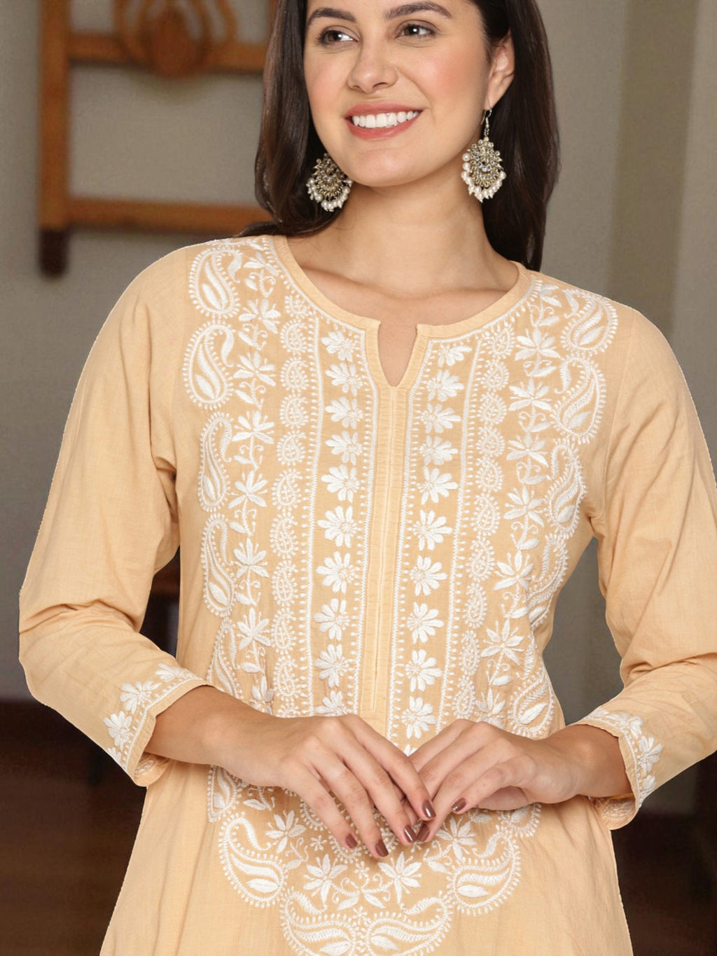 Beige Cotton Chikankari  Kurta