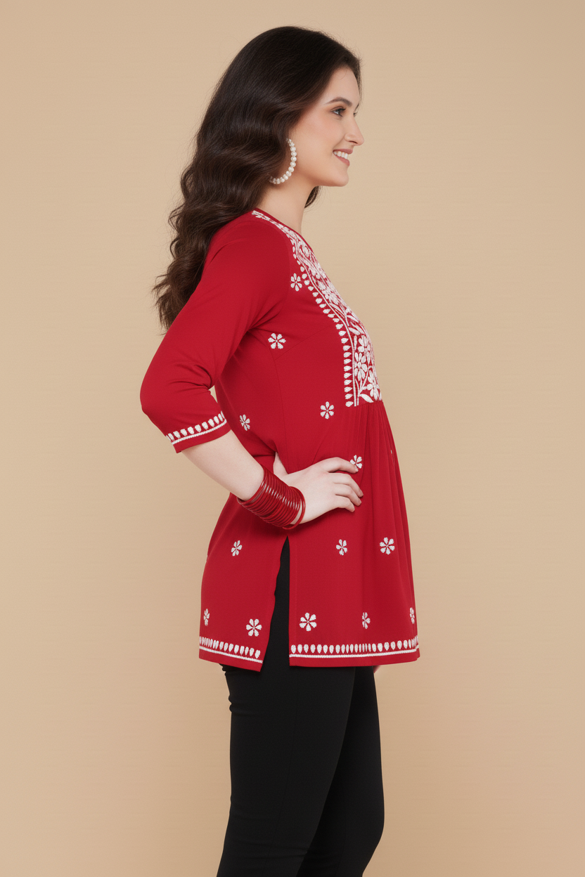 Chikankari Top for Women | Pure Cotton 27 Inch Kurti | Hand Embroidered Lucknowi Kurta