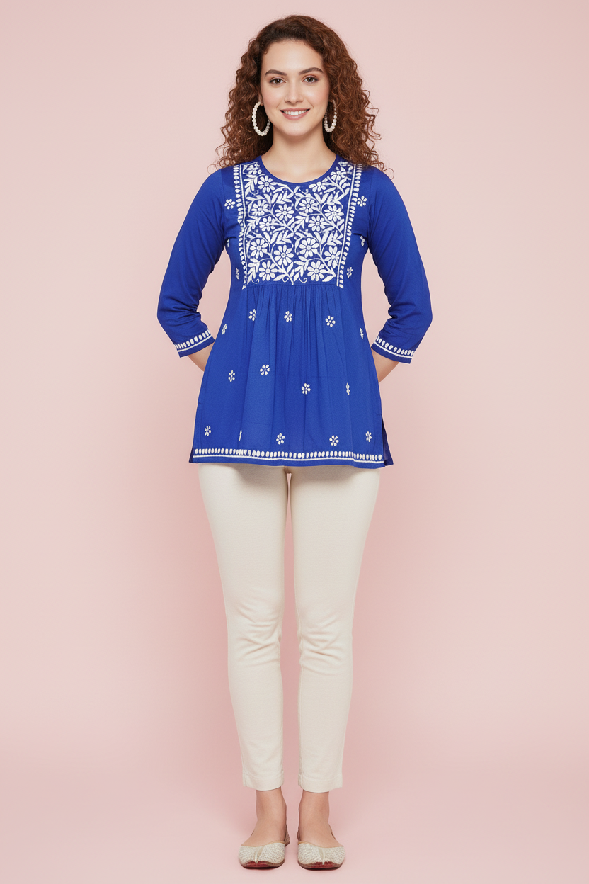 Chikankari Top for Women | Pure Cotton 27 Inch Kurti | Hand Embroidered Lucknowi Kurta
