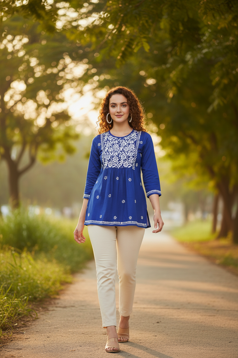Chikankari Top for Women | Pure Cotton 27 Inch Kurti | Hand Embroidered Lucknowi Kurta