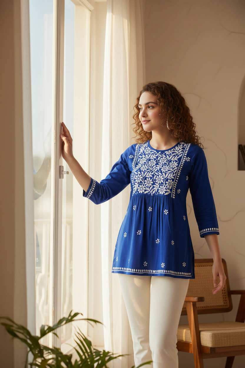 Chikankari Top for Women | Pure Cotton 27 Inch Kurti | Hand Embroidered Lucknowi Kurta