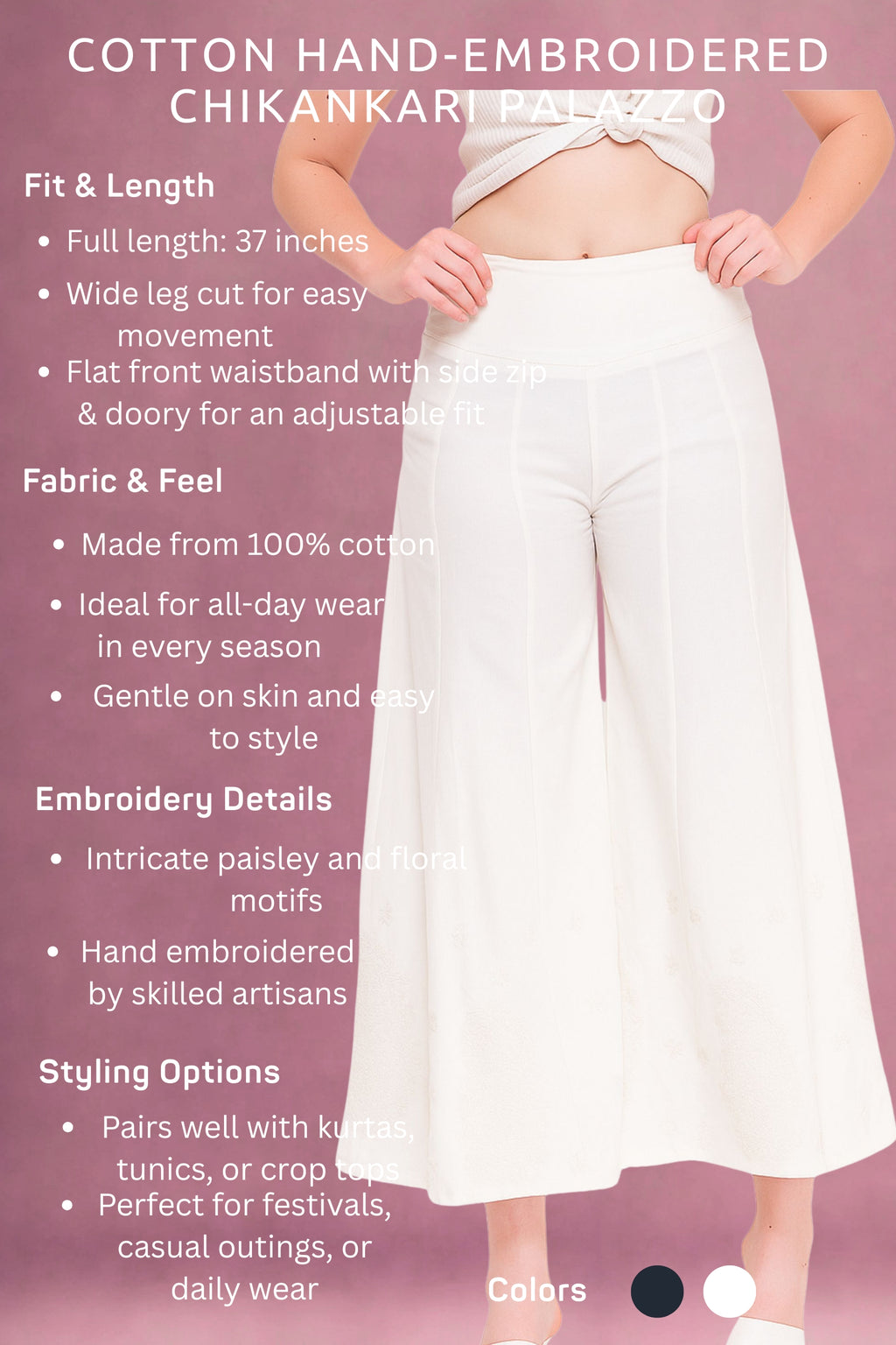 White pants with embroidery details on a pink background