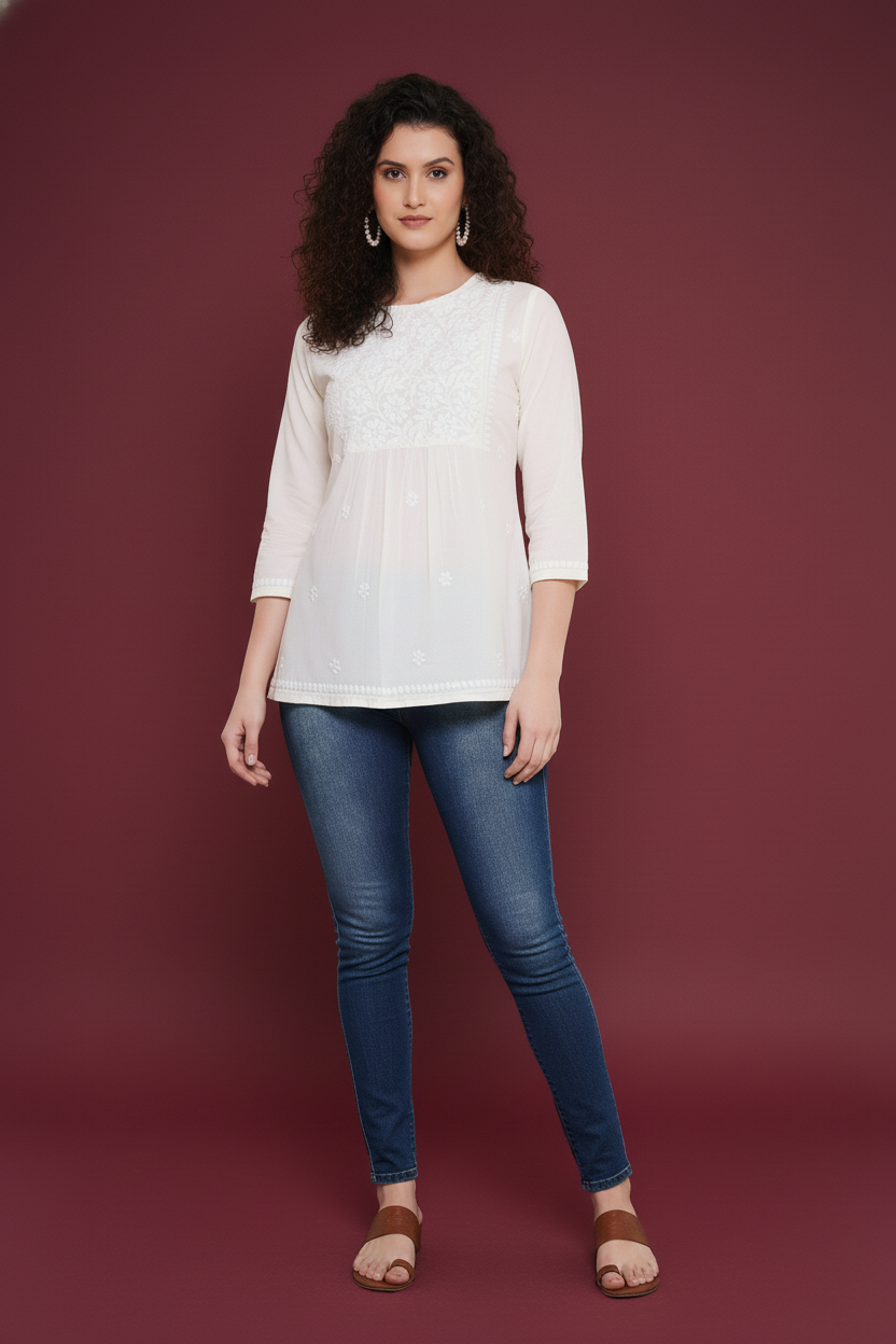 Chikankari Top for Women | Pure Cotton 27 Inch Kurti | Hand Embroidered Lucknowi Kurta