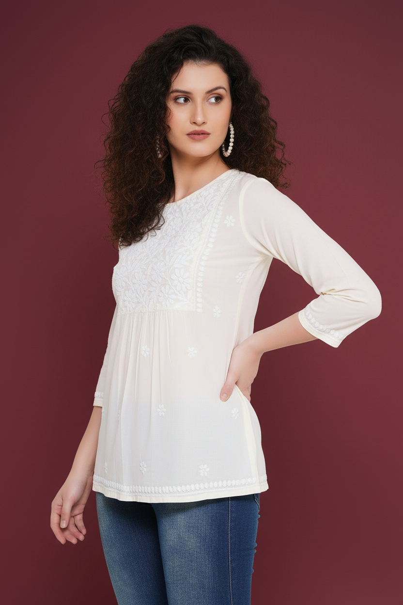 Chikankari Top for Women | Pure Cotton 27 Inch Kurti | Hand Embroidered Lucknowi Kurta