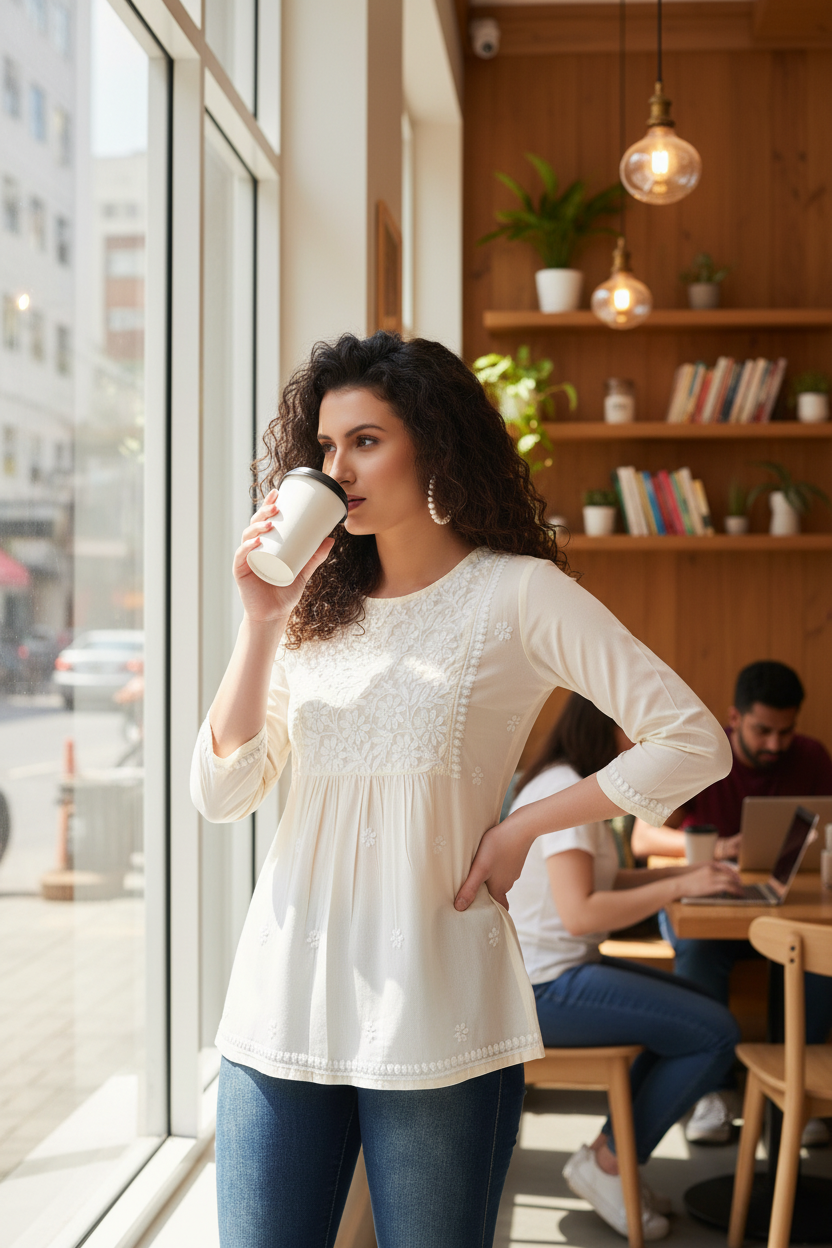 Chikankari Top for Women | Pure Cotton 27 Inch Kurti | Hand Embroidered Lucknowi Kurta