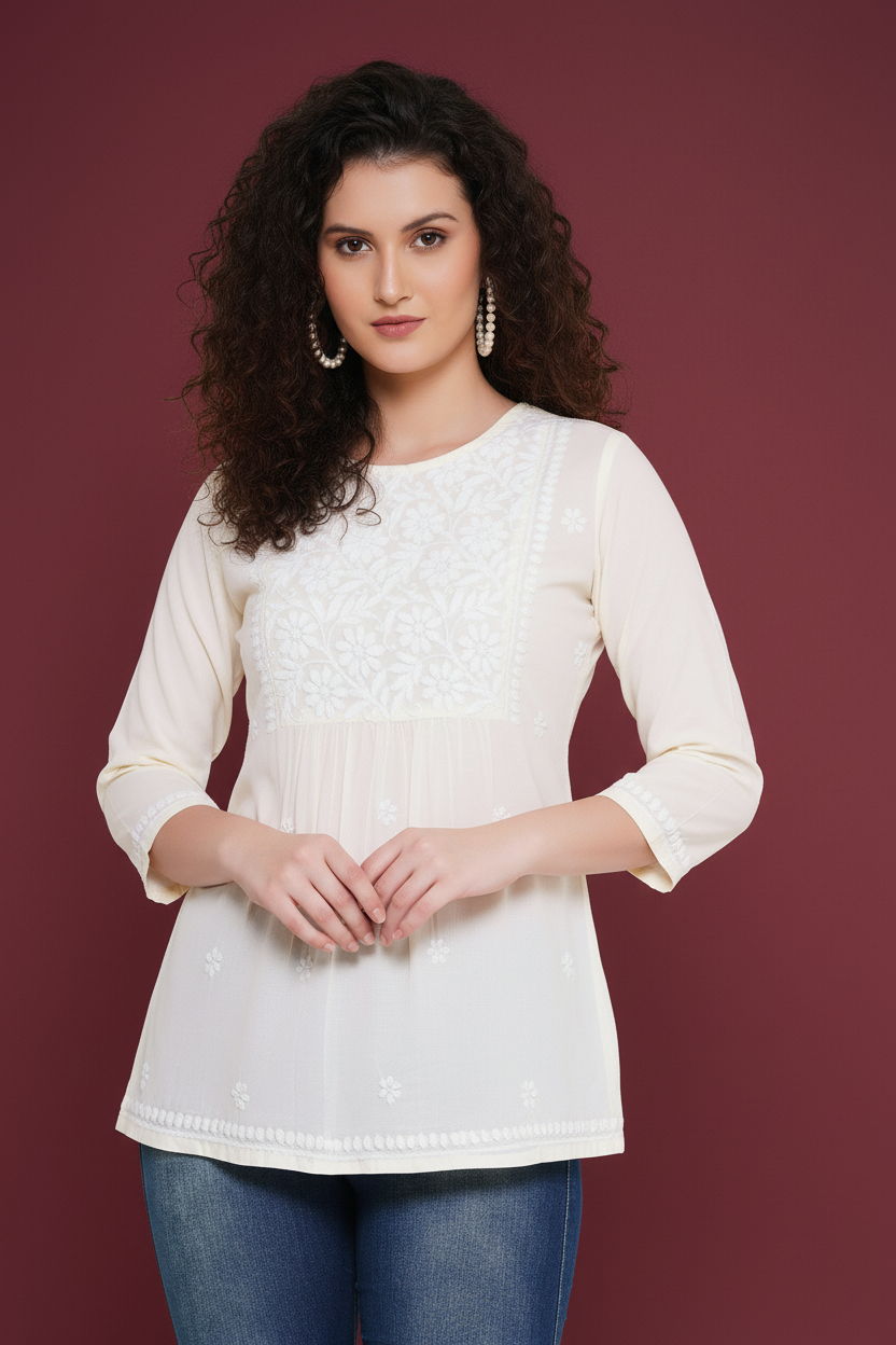 Chikankari Top for Women | Pure Cotton 27 Inch Kurti | Hand Embroidered Lucknowi Kurta