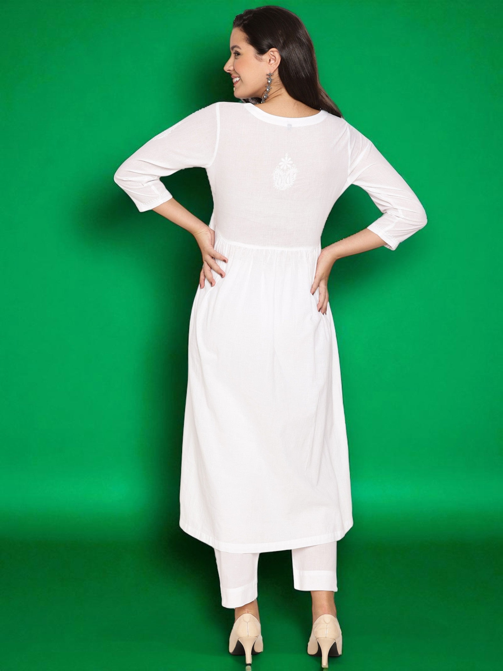 White Cotton Chikankari V-Neck Kurta for Women | 3/4 Sleeves | 46 Inch Length