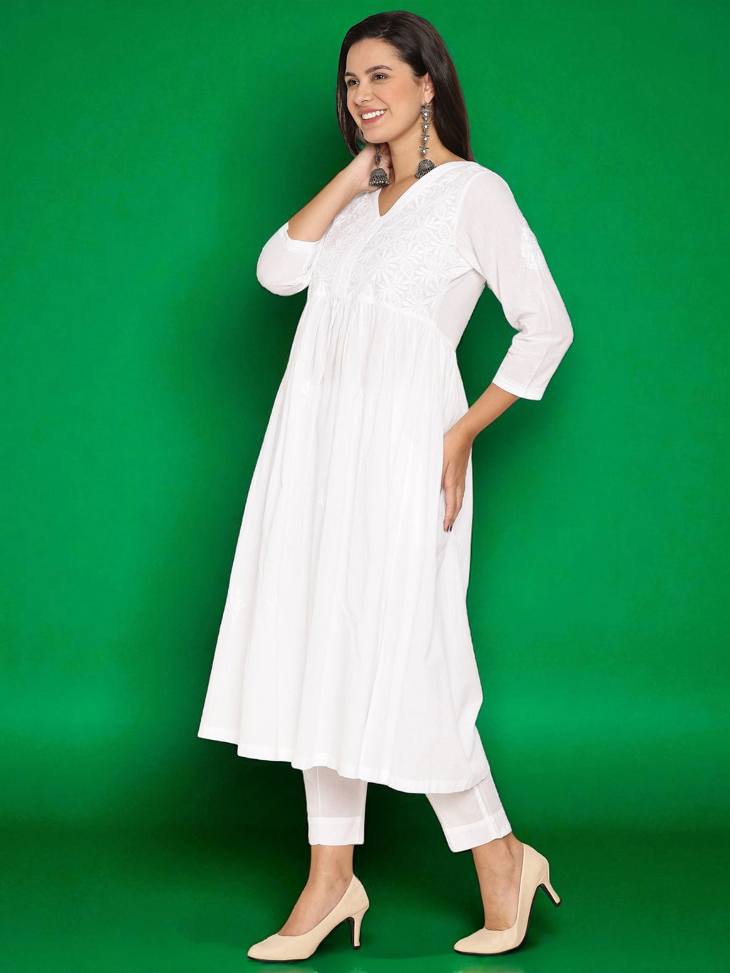 White Cotton Chikankari V-Neck Kurta for Women | 3/4 Sleeves | 46 Inch Length