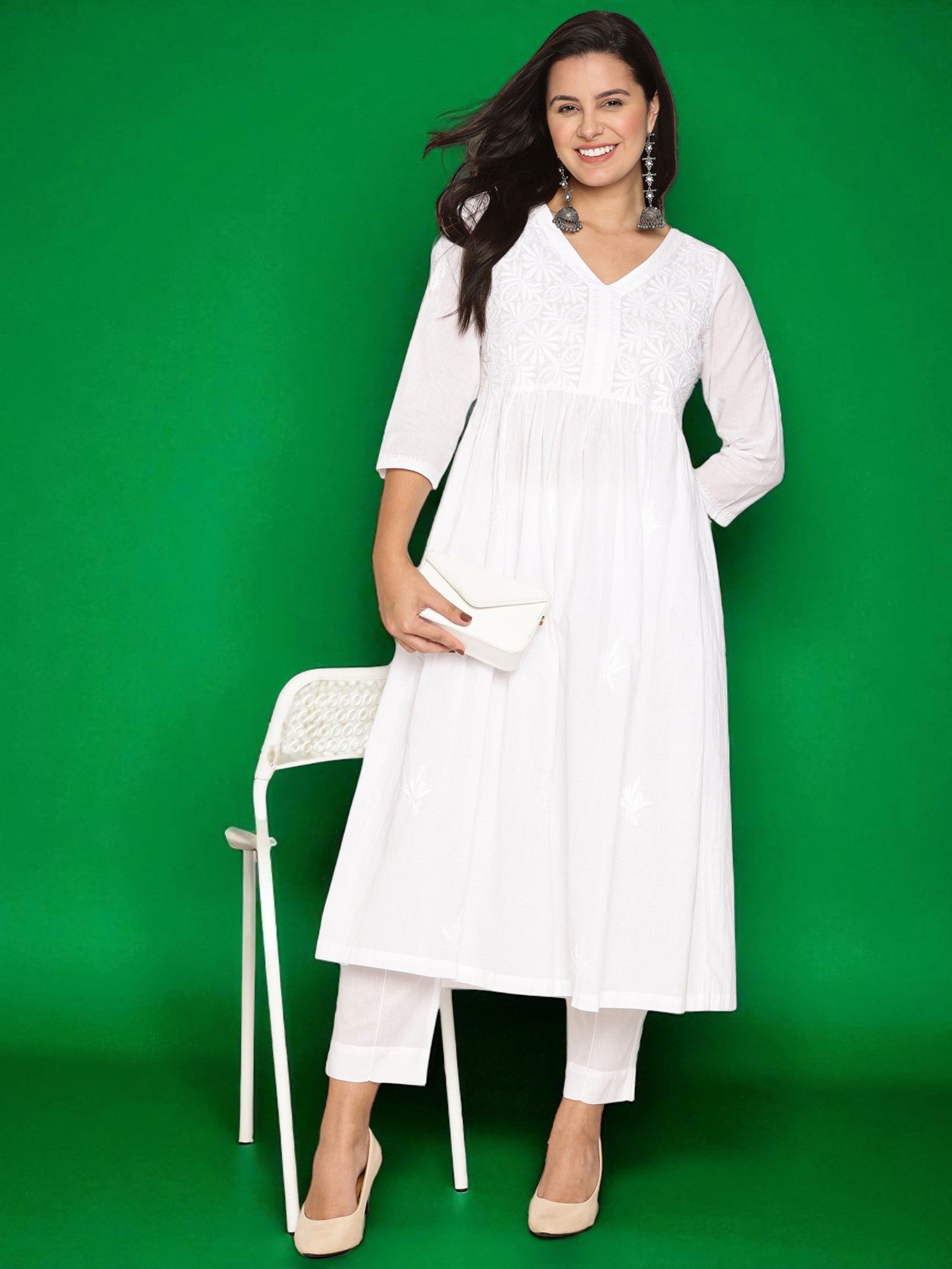 White Cotton Chikankari V-Neck Kurta for Women | 3/4 Sleeves | 46 Inch Length