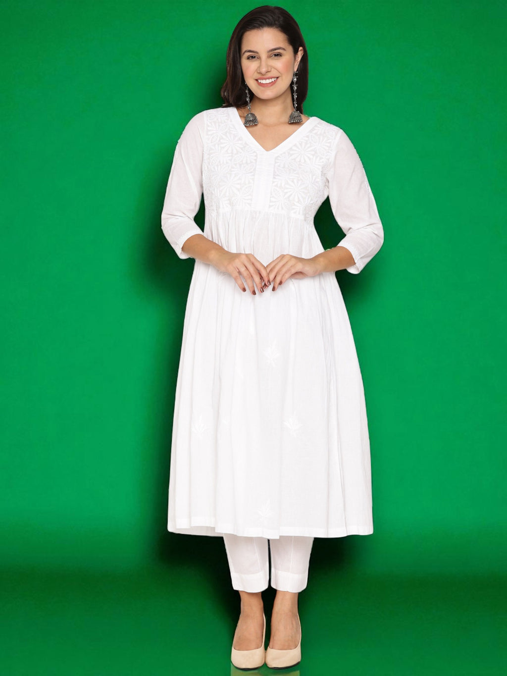 White Cotton Chikankari V-Neck Kurta for Women | 3/4 Sleeves | 46 Inch Length