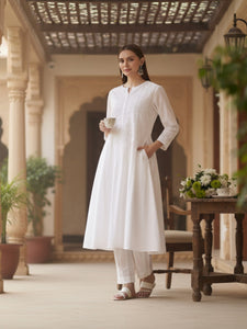 White Women’s Cotton Chikankari Hand Embroidered A-Line Kurta | Round Neck, 3/4 Sleeves, 46 Inch Long Ethnic Wear